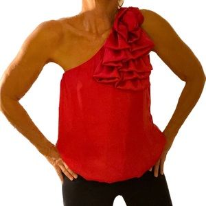 Satin style hot pink one shoulder sleeveless elastic waist top size M